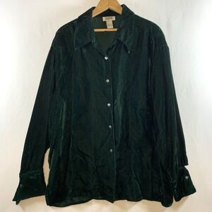 VTG Y2K Womens Crushed Velvet Button Top Large Green Oversized Whimsigoth Boho